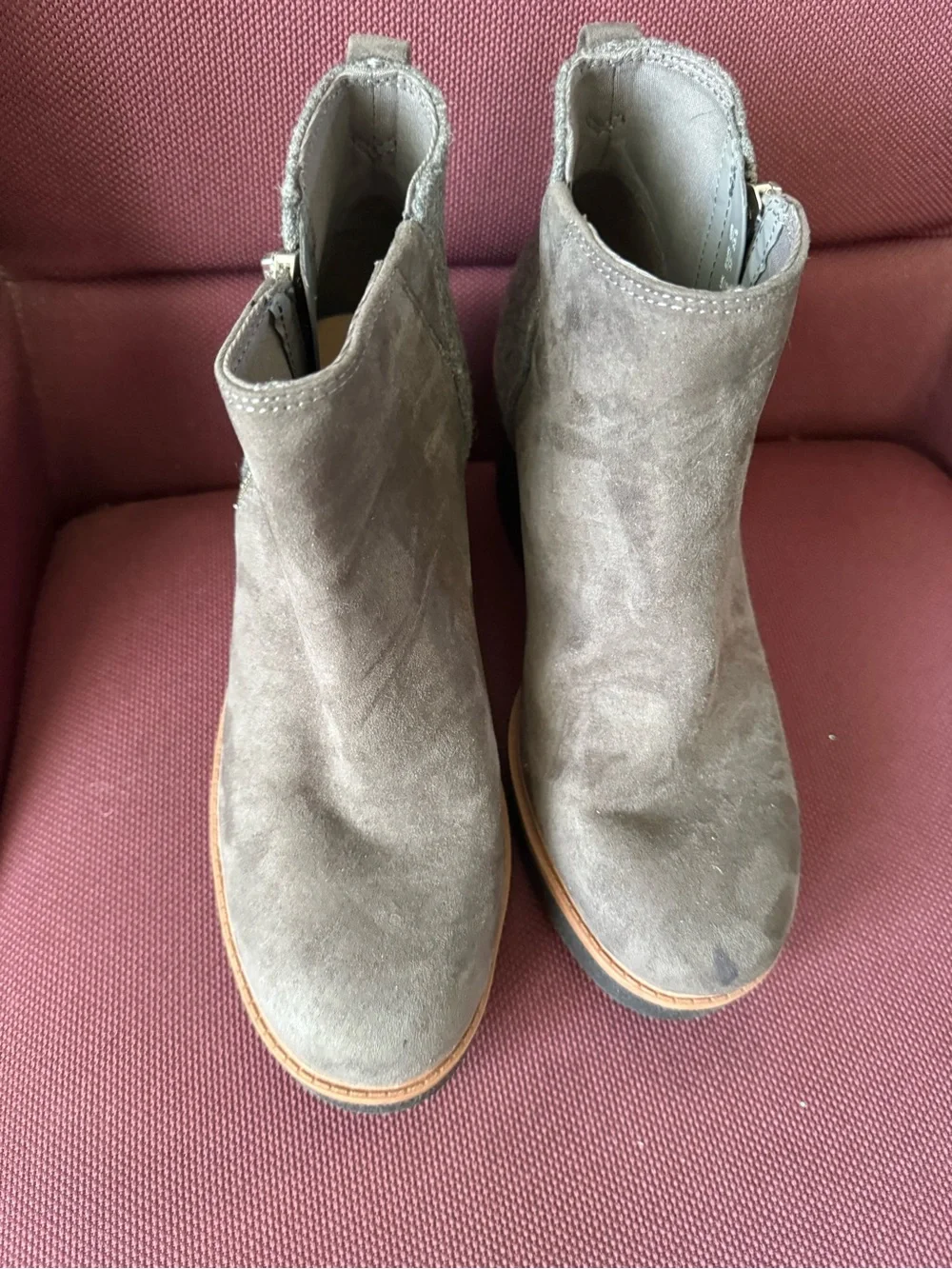 Dr. Scholl's Gray Suede Wedge Ankle Boots with Brown Trim
